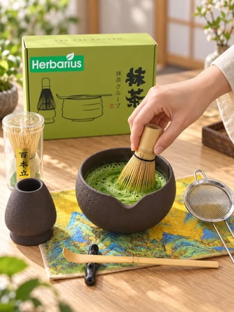 Herbarius 8 Parça Dokulu Mat Siyah Renk Matcha Çayı Hazırlama Seti - Geleneksel Japon Matcha Seti