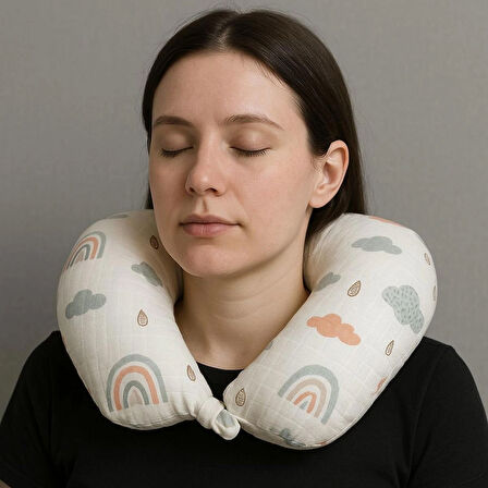 Boyun Destek Yastığı | Anne Bebek Konfor Yastığı | Muslin Kumaş | U-Form Ergonomik Tasarım