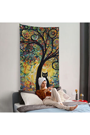 Ağaç Altındaki Siyah Kedi Duvar Örtüsü-7899