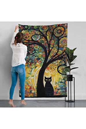Ağaç Altındaki Siyah Kedi Duvar Örtüsü-7899