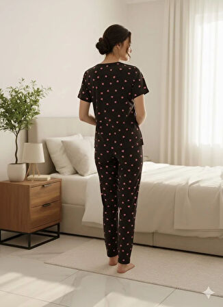 SİYAH KALPLİ KADIN PİJAMA TAKIMI