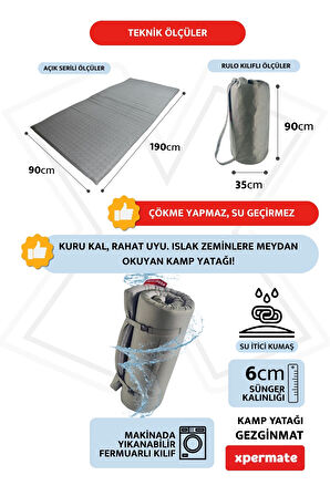 XPERMATE GezginMat Kamp Yatağı Taşıma Çantalı Kamp Matı Fermuarlı Kamp Minderi Çadır Matı Su itici Kumaş 90x190x6cm