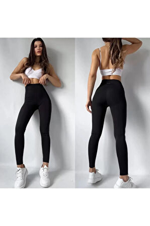 Siyah Yüksek Bel Içi Şardonlu Dalgıç Kumaş Tayt