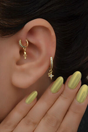 2 Adet Zirkon Kutup Yıldızlı Halka Piercing Tragus Helix Forward Kıkırdak Lob Daith (1 Adet 6 mm 1 Adet 8 mm)