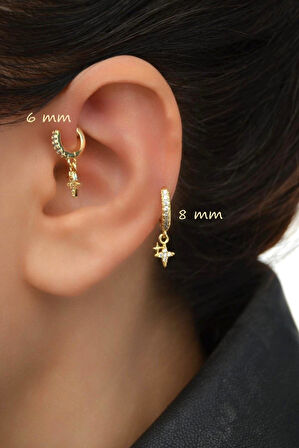 2 Adet Zirkon Kutup Yıldızlı Halka Piercing Tragus Helix Forward Kıkırdak Lob Daith (1 Adet 6 mm 1 Adet 8 mm)