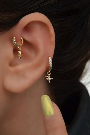 2 Adet Zirkon Kutup Yıldızlı Halka Piercing Tragus Helix Forward Kıkırdak Lob Daith (1 Adet 6 mm 1 Adet 8 mm)
