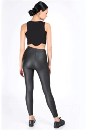 Kadın Siyah Ince Kemer Mat Deri Şardonlu Tayt