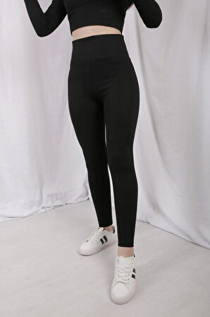 Kadın Siyah Geniş Kemer Çelik Örme Tayt