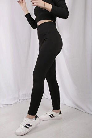 Kadın Siyah Geniş Kemer Çelik Örme Tayt