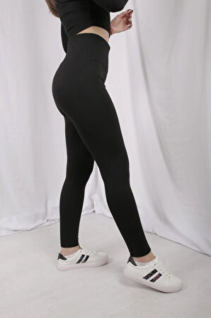 Kadın Siyah Geniş Kemer Çelik Örme Tayt