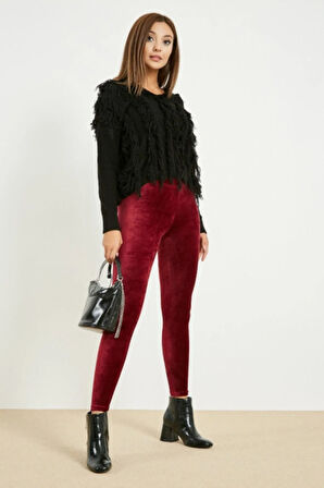 Kadın Bordo Kadife Kışlık Likralı Tayt