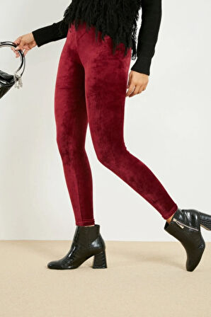 Kadın Bordo Kadife Kışlık Likralı Tayt