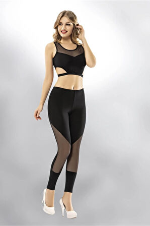 Kadın Siyah Transparan Sporcu Penye Yüksek Bel Tayt Victroy4071