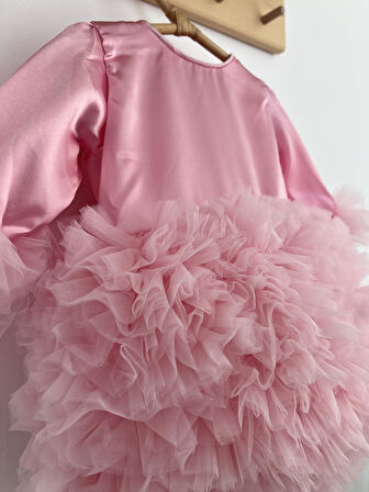 Kız Bebek Çocuk Elbise Uzun Kollu Tüllü Tütü Özel Gün Parti Doğum Günü Prenses Saten Abiye Elbise