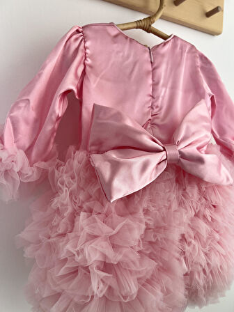 Kız Bebek Çocuk Elbise Uzun Kollu Tüllü Tütü Özel Gün Parti Doğum Günü Prenses Saten Abiye Elbise