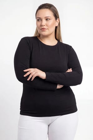 Premium Düz Renk Tekstil Stil Kadın Büyük Beden Bisiklet Yaka Uzun Kollu Body