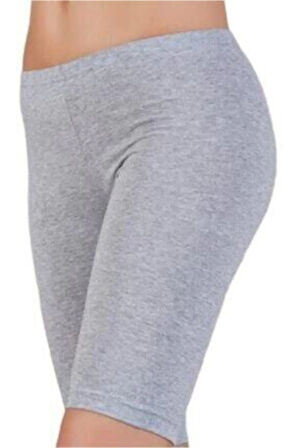 Kadın Gri Penye Düz Desensiz Yüksek Bel Dizüstü Kısa Tayt