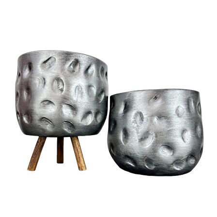 Ev Dekorasyon Aksesuar Gümüş Desenli Toprak Saksı Saksılık Salon Çiçeklik İkili Set Ayaksız - 3 Ayaklı- 19 CM