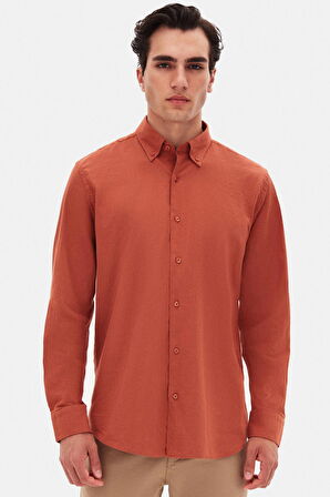 Ds Damat Comfort Kiremit Düğmeli Yaka Rahat Kesim Keten Görünümlü %100 Pamuk Gömlek