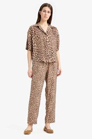 DeFacto Carrot Fit Leopar Desenli Modal Kumaş Pantolon Çift Cepli Yüksek Bel Düz Paça E6360AX25SPBN226
