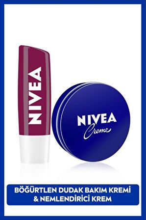 Nivea Creme Nemlendirici 30ml ve Böğürtlen Dudak Bakım Kremi 4.8gr, Hafif Bordo Işıltı, Pürüzsüz Dudaklar