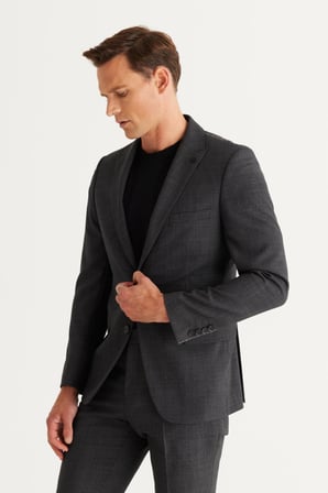 Erkek Antrasit Slim Fit Dar Kesim Kırlangıç Yaka Desenli Yünlü Takım Elbise