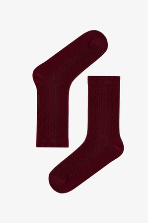 Bordo Bej Braided Colosio Ajur Desenli Pamuklu 3 Çift Soket Çorap