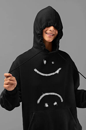 Gülen Yüz Baskılı Unisex Oversize Hoodie