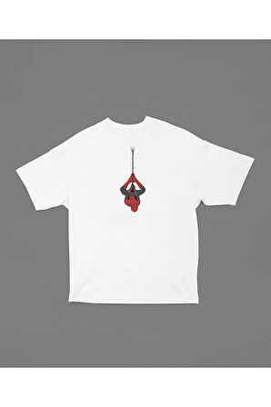 Ters Asılı Ağdan Sarkan Örümcek Adam Baskılı Unisex Tişört, Oversize Spider-Man Tişört