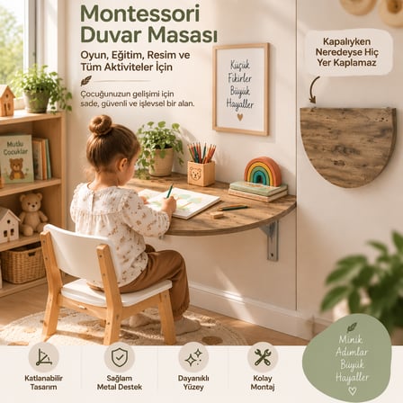 Ratemo Montessori Duvar Masası 78x39 cm Katlanabilir Çocuk Çalışma ve Aktivite Masası Ahşap Desenli