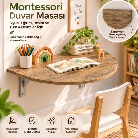 Ratemo Montessori Duvar Masası 78x39 cm Katlanabilir Çocuk Çalışma ve Aktivite Masası Ahşap Desenli