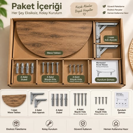 Ratemo Montessori Duvar Masası 78x39 cm Katlanabilir Çocuk Çalışma ve Aktivite Masası Ahşap Desenli