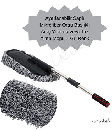 Mikrofiber Örgü Başlıklı Araç Yıkama ve Toz Alma Mopu – Gri Renk