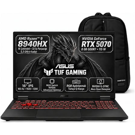 Tuf Gaming A16 FA608PP-RV156 S5 Gamıng Amd Ryzen 9 8940HX 32GB 1tb SSD Rtx 5070 8gb 115W 16" Windows 11 Pro + Snertech Çanta