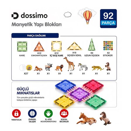 Hayvan Figürlü - Çocuklar İçin Renkli 3 Boyutlu Mıknatıslı 92 Parça Manyetik Oyun Seti