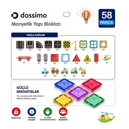 Şantiye Figürlü - Çocuklar İçin Renkli 3 Boyutlu Mıknatıslı 58 Parça Manyetik Oyun Seti