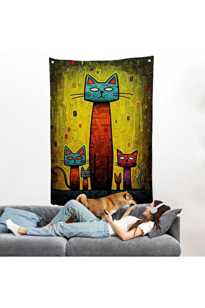 Sevimli Kedi Ailesi Duvar Örtüsü-7903