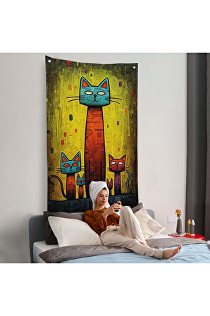 Sevimli Kedi Ailesi Duvar Örtüsü-7903