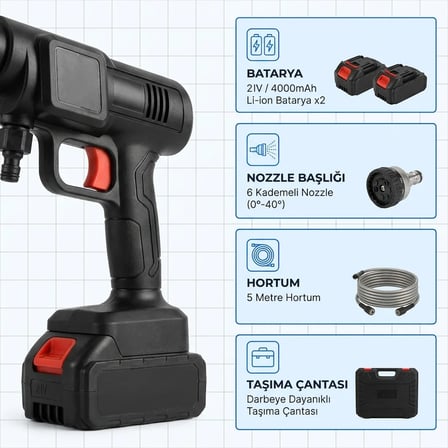 Oto Yıkama Tabancası HX-3000 Şarjlı Akü Çift Batarya Yüksek Basınçlı Çantalı Araç Yıkama Makinesi