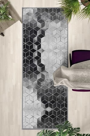 Suerto Gri Siyah İ Yıkanabilir Yolluk Halı Kaymaz Taban Salon Mutfak