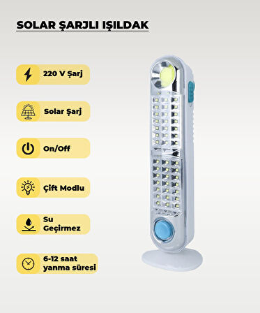 60W Solar / 220V Şarjlı Işıldak - Askı Aparatlı ve Ayaklı - Su Geçirmez