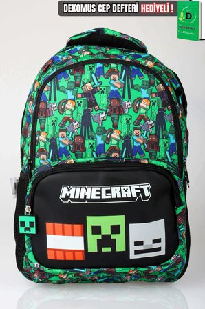 x Dekomus Lisanslı Minecraft Creeper Piksel Desenli Büyük Boy Okul Çantası 