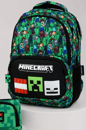 x Dekomus Lisanslı Creeper Piksel Desenli Büyük Boy Okul Çantası Ve Kalem Çantası Seti