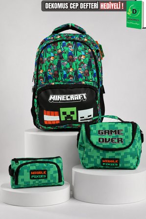 x Dekomus Lisanslı Minecraft Büyük Boy Okul,Termoslu Beslenme Ve Kalem Çantası Seti