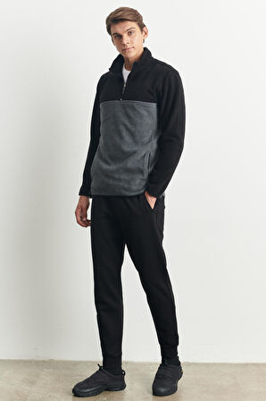 Erkek Siyah-Açık Melanj Anti-Pilling Tüylenme Yapmayan Standart Fit Dik Yaka Polar Sweatshirt