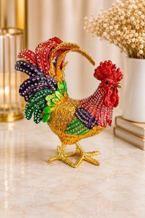 Kristal Taşlı Horoz Biblo Battal Boy 19x15 cm | Dekoratif Masaüstü Süsü | Şans, Bereket ve Güç Sembolü | Hediyelik Ev & Ofis Dekoru