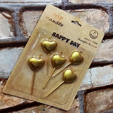 VIP GOLD HEART HAPPY BIRTHDAY CANDLE 5 ADET METALİK GOLD KALPLİ PASTA MUMU KALPLİ DOĞUM GÜNÜ MUMU