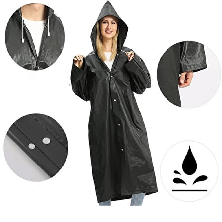 1 ADET 1.KALİTE SİYAH YAĞMURLUK VIP UNISEX RAIN COAT ŞAPKALI ÇITÇITLI YAĞMURLUK OUTDOOR YAĞMURLUK