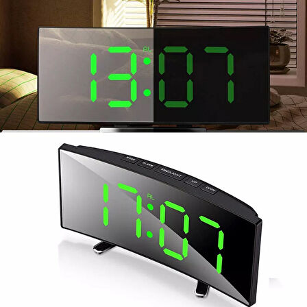 GREEN LED MIRROR CLOCK YEŞİL LED IŞIKLI SAAT MASA SAATİ ALARM DERECE TARİH PİLLİ + USB DİJİTAL SAAT