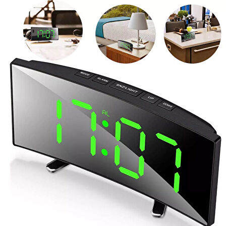 GREEN LED MIRROR CLOCK YEŞİL LED IŞIKLI SAAT MASA SAATİ ALARM DERECE TARİH PİLLİ + USB DİJİTAL SAAT